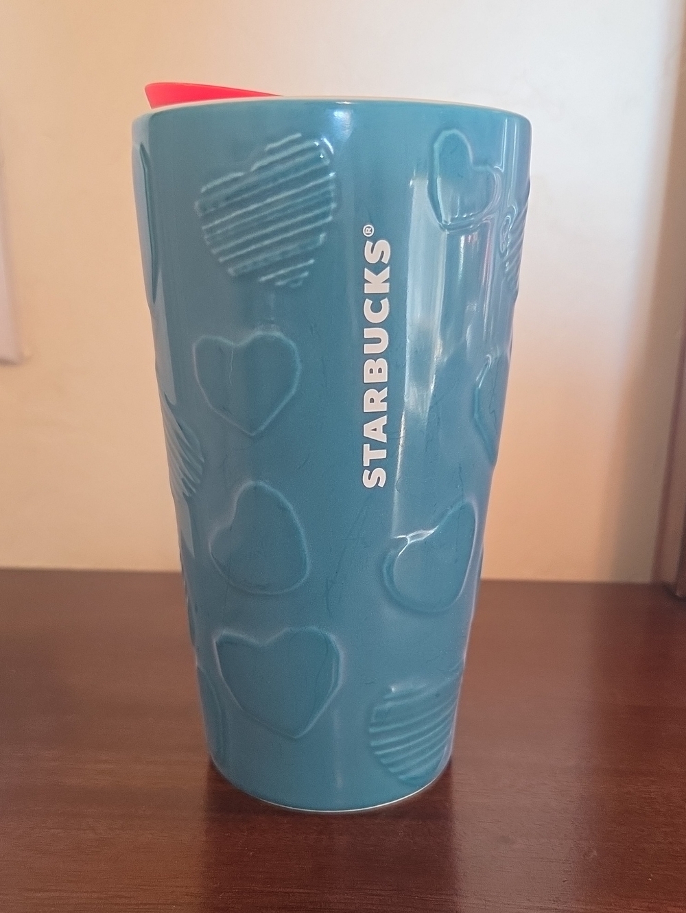 Starbucks Blue Heart Embossed Travel Cup with Pink Lid Accent 12 Oz.